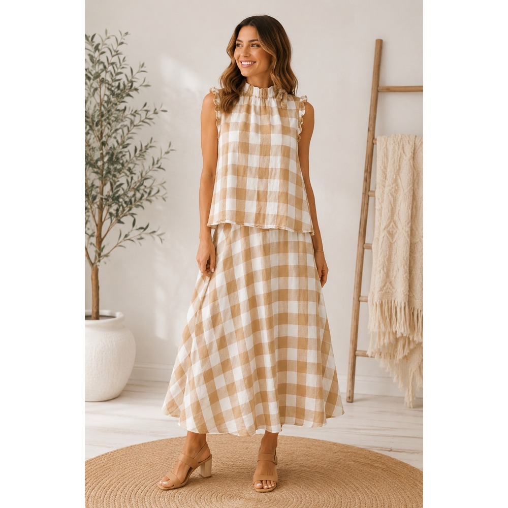 Who What Wear Women S/4 Skirt Set Tan Gingham Linen Blend Mock Neck Cottagecore